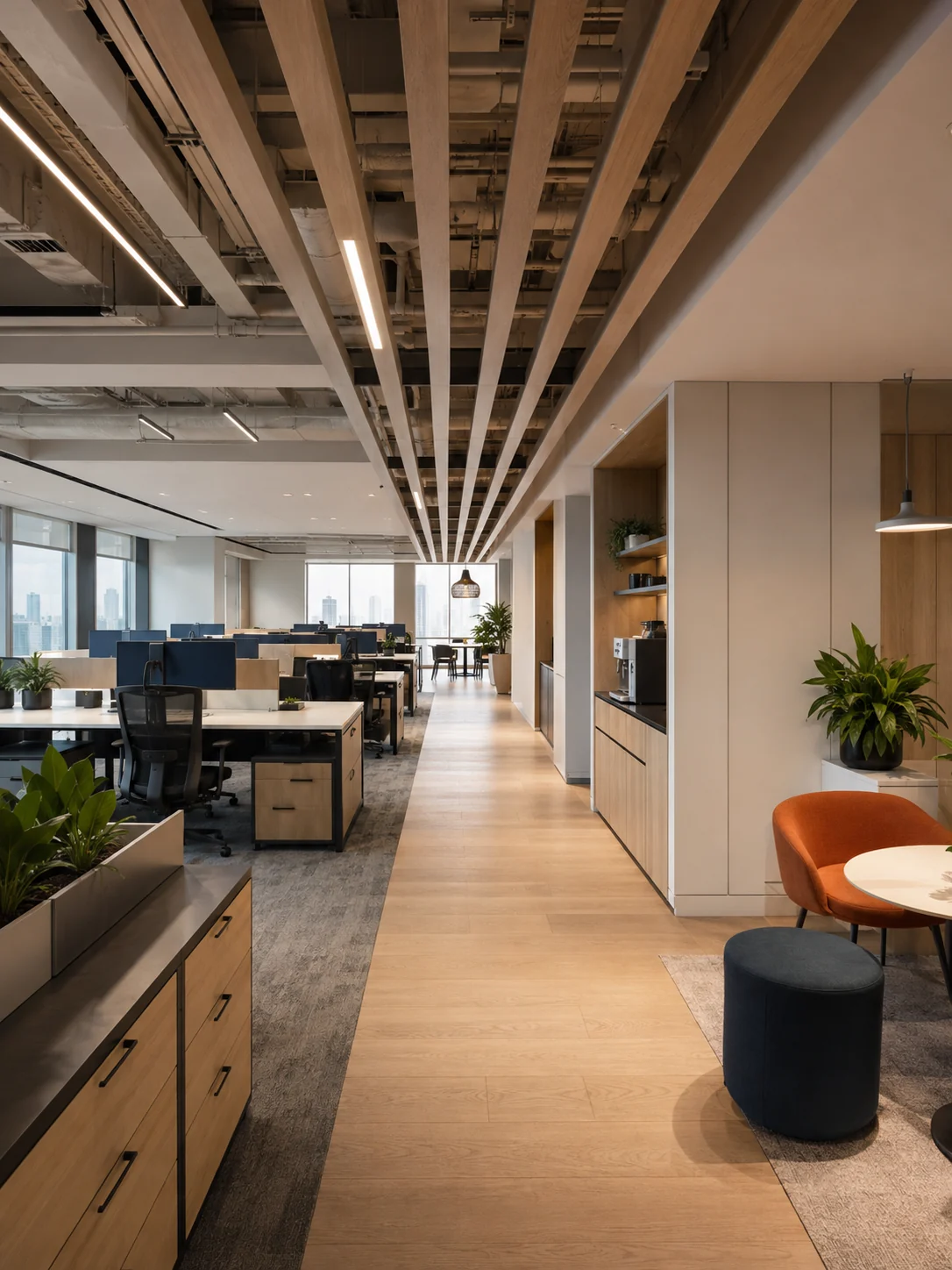 Open-plan workplace with integrated joinery and MEP services